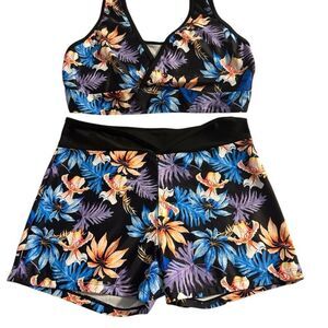 Black and Blue Floral Bikini Set with Halter Top